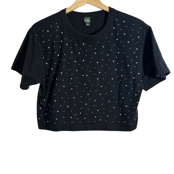 Wild Fable Black Boxy Cropped Embellished Crystal Front Top, Size Medium - Picture 2 of 9